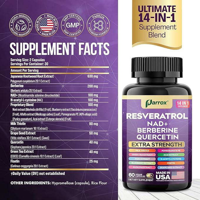 Resveratrol Supplement with Milk Thistle NAD Berberine Quercetin Fisetin Pomegranate Green Tea Noni Acai Blueberry Grape Seed Extracts N-Acetyl Cysteine 14-in-1 Extra Strength (120 Caps)