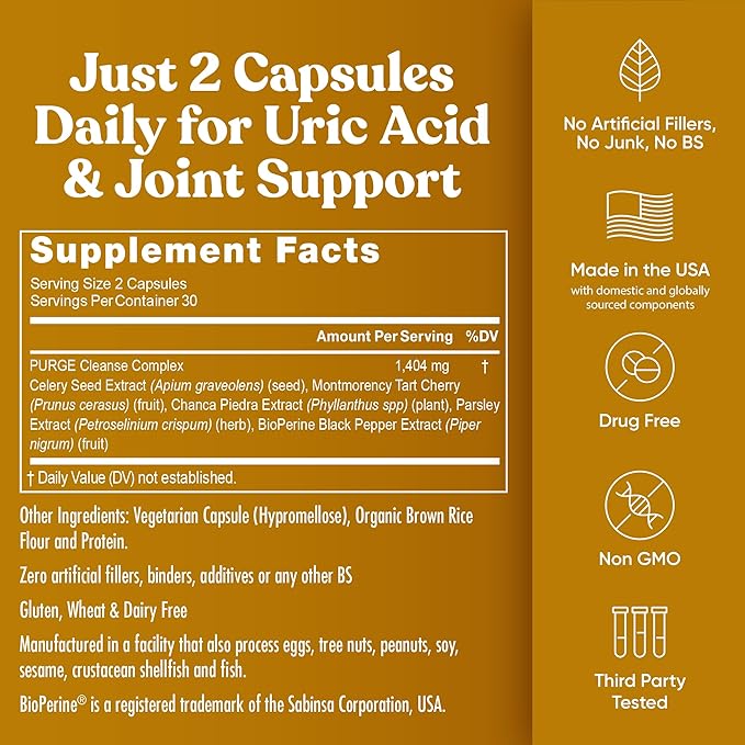 Eu Natural Purge Uric Acid Flush - Eat &amp Drink What You Want - Uric Acid Support for Joints &amp Mobility with Celery Seed Tart Cherry &amp Chanca Piedra - 60 Vegetarian Capsules