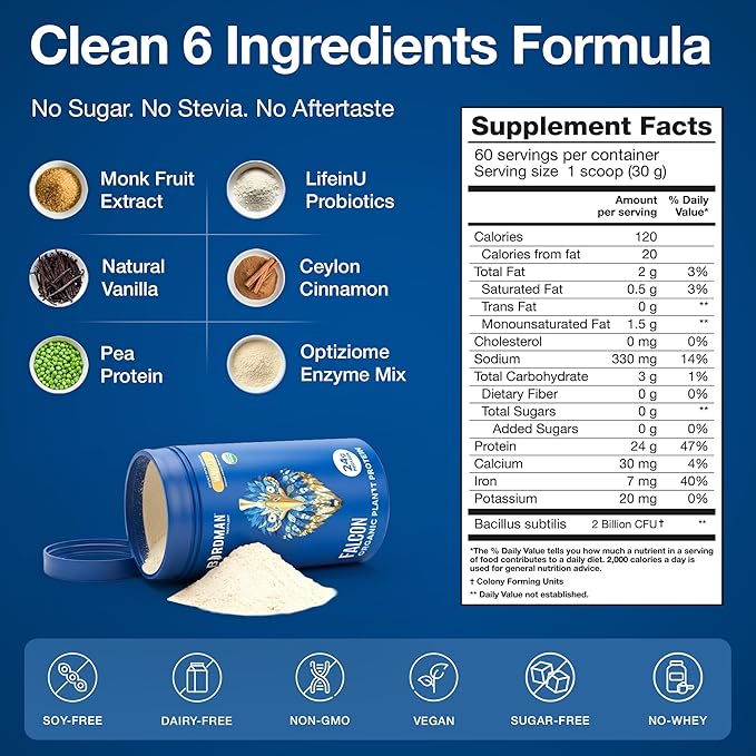 BIRDMAN Falcon Vegan Protein Powder Organic Stevia &amp Sugar Free Plant Based Protein Low Carb Dairy Free Keto Non Whey Protein Probiotic Pea Protein | Vanilla Flavor - 60 Servings - 3.9 lb