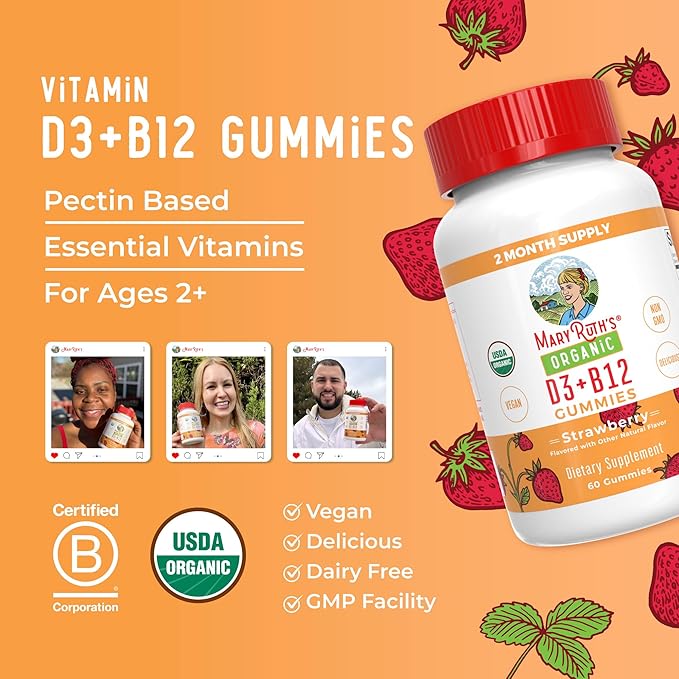 MaryRuth Organics's Vitamin D3 B12 Gummies | USDA Organic | 2 Month Supply | Vitamin D &amp B12 Vitamin Supplements for Adults &amp Kids | Bone Health | Healthy Energy Levels | Non-GMO | 60 Servings