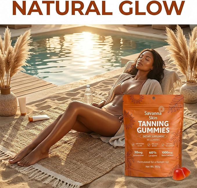 Savanna Skin Tanning Gummies with Vitamin C &amp E Astaxanthin Beta Carotene Skin Radiance &amp Hydration for Natural Looking Glow Bronzing Non-GMO Vegan &amp Sugar Free - 60 Count (2)