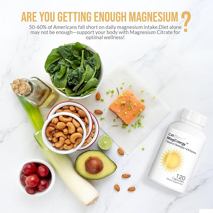 CELCLENE MagEnergy 7 Electrolytes 8 Super B Vitamins High Magnesium High Methyl B12 Methyl Folate D3/K2 Biotin Zinc for Hydration L-Theanine Choline Green Tea Ginger Extracts