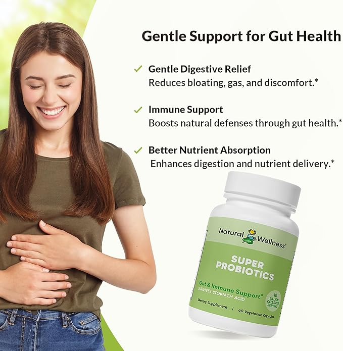 Natural Wellness Super Probiotic + Prebiotic Blend – 10 Billion CFUs with 8 Strains – Probiotics for Women &amp Men for Digestive Health Gut Balance &amp Immune Support – Non-GMO 30-Day Supply