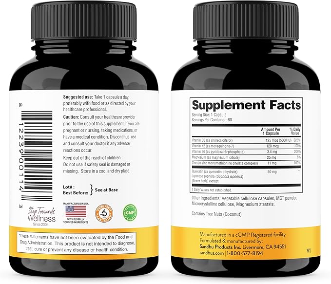 Sandhu's Vitamin D3 K2 Bundle with Zinc Quercetin Capsules | Supports Immune Energy Skin Teeth &amp Muscle Health