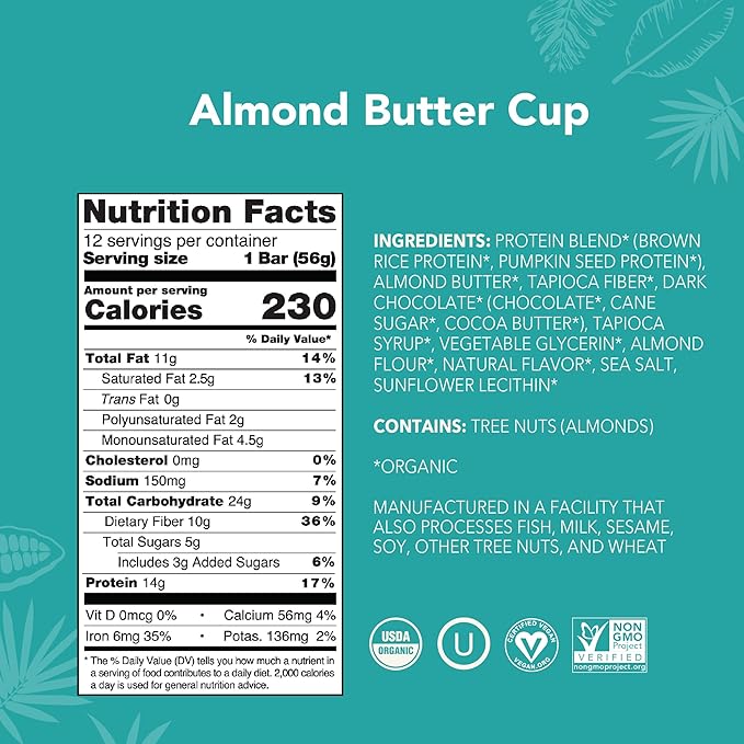 ALOHA Organic Plant Based Protein Bars - Almond Butter Cup - 12 Bars Vegan Low Sugar Gluten-Free Paleo Low Carb Non-GMO No Stevia No Erythritol