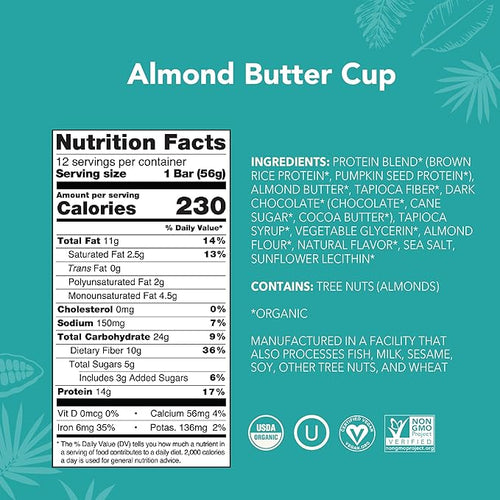 ALOHA Organic Plant Based Protein Bars - Almond Butter Cup - 12 Bars Vegan Low Sugar Gluten-Free Paleo Low Carb Non-GMO No Stevia No Erythritol
