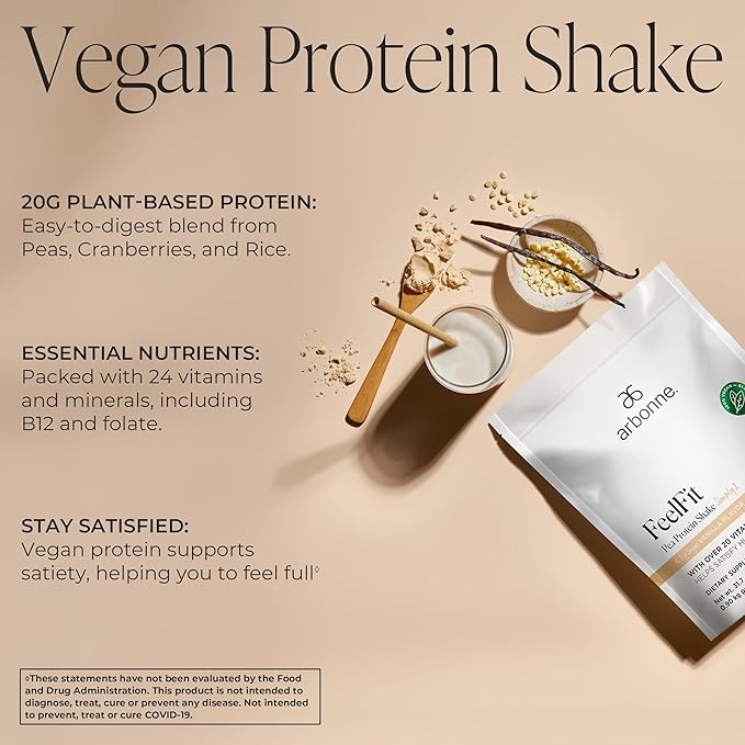 Arbonne Feelfit Pea Protein Shake - Daily Supplement Powder Vegan Protein for Support of Overall Health Energy and Well-Being Vanilla