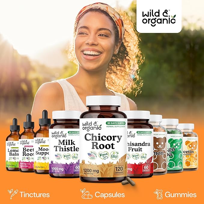 Wild &amp Organic Chicory Root Fiber Capsules - 1200 mg of Chicory Root Powder per Serving - Digestive &amp Gut Support - Inulin Prebiotic Fiber Supplement - Non-GMO Vegan Inulin Capsules - 120 Cou