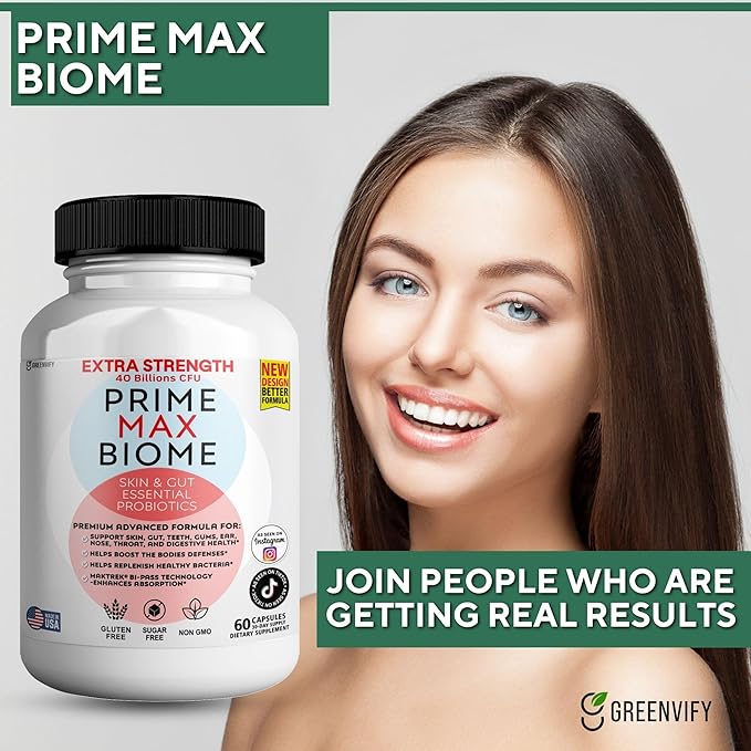 Prime Max Biome Probiotics 40 Billion CFU – Extra Strength Skin &amp Gut Support with MAKTrek® Bi-Pass Technology – 4 Strains + Prebiotics – Non-GMO Gluten-Free 60 Capsules (5)