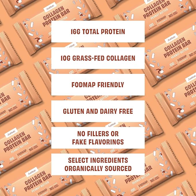 JUSTNOSH Peanut Butter Collagen Protein Bars – 16g Protein 10g Collagen | Gluten &amp Dairy Free Low FODMAP Seed Oil Free (12 Pack)