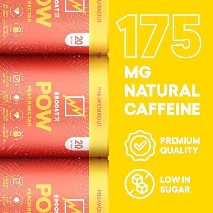 EBOOST POW Natural Pre Workout Powder - 20 Servings Peach Nectar - Preworkout Energy Booster Gym Supplement Drink Mix for Men and Women - Performance Joint Mobility Support - Gluten-Free