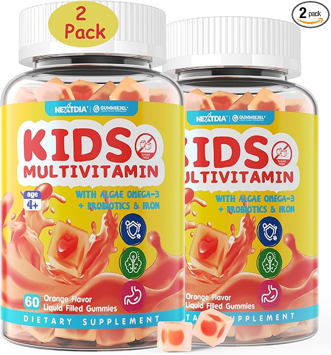(2 Pack) Kids Multivitamin Gummies with Iron Sugar Free Kids Daily Vitamins + Probiotics Algae Omega 3 (EPA/DHA) A C D Methyl B12 Folate B6 Zinc Biotin for Healthy Growth Immune Support