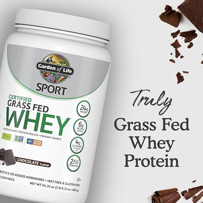 Garden of Life SPORT Whey Protein Powder Chocolate Premium Grass Fed Whey Protein Isolate plus Probiotics for Immune System Health 24g Protein Non GMO Gluten Free Cold Processed - 20 Servings