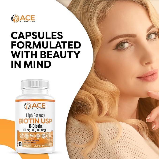 High Potency Biotin USP (D-Biotin 100000mcg) - Superior Biotin Organic Rice Flour Vegetarian Capsules For Hair Skin &amp Myelin Health Made in the USA (100mg/90 Capsules)