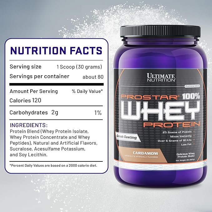 Ultimate Nutrition Prostar Whey Protein Powder Isolate Cardamon - Low Carb High Protein Powder Shake for Muscle Gain &amp Recovery - Low Sodium Low-Fat &amp Keto Friendly - 2 lbs Tub