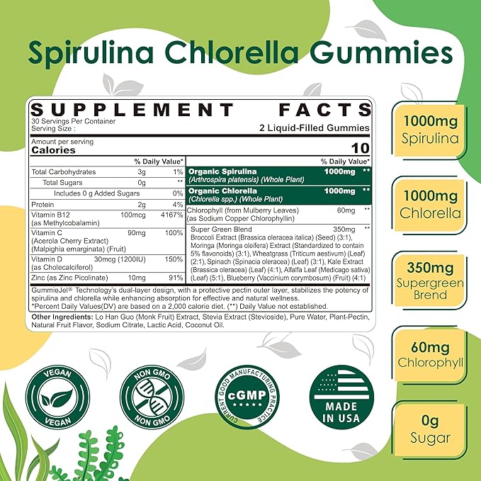 Organic Spirulina Chlorella Gummies 1 Pack + Sugar Free Kids Multivitamin Gummies 1 Pack
