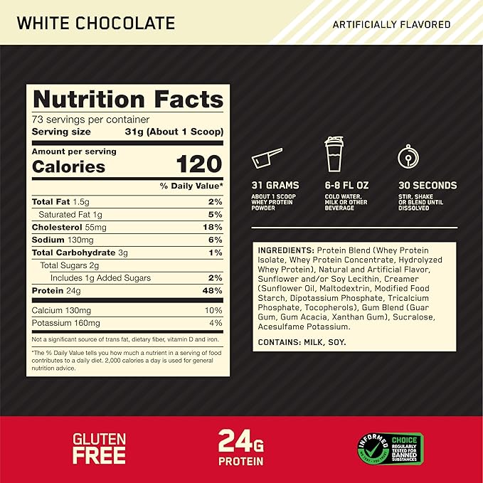Optimum Nutrition Gold Standard 100% Whey Protein Powder White Chocolate 5 Pound (Packaging May Vary)