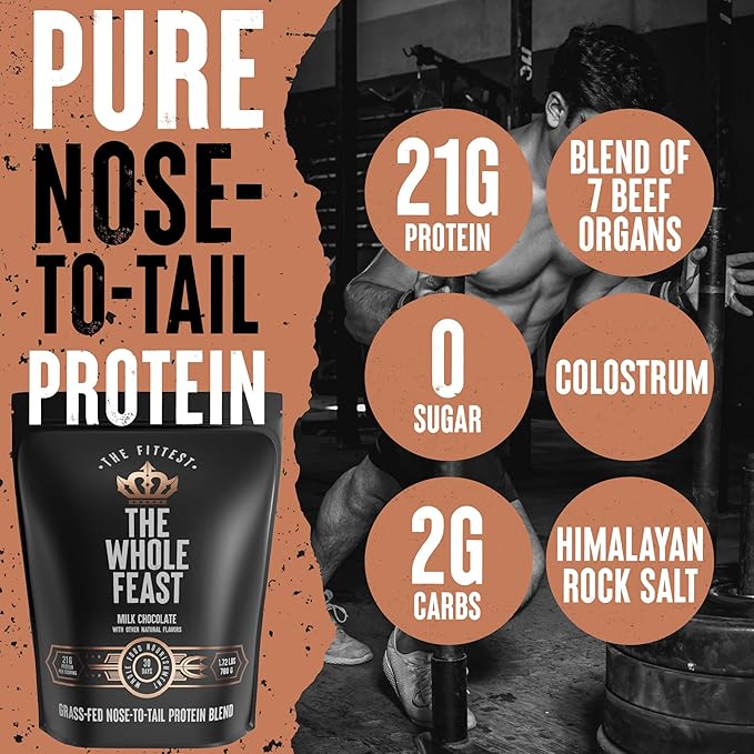 The Fittest Whole Feast Beef Protein Powder - Milk Chocolate - Grass Fed Nose to Tail Carnivore Blend Including Liver Colostrum and Whole Bone - BCAAs - 14g Collagen 21g Total Protein