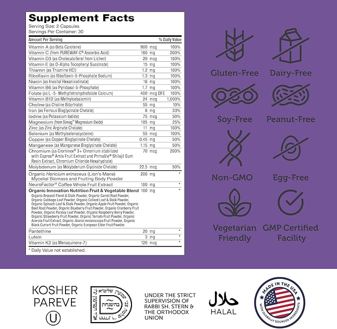 Zahler - Multivitamin Brain Supplement (60 Count) Kosher Brainfood Capsules for Adults with Neuro Factor &amp Lion's Mane - Nootropic Brain Supplements for Memory Support - Focus Mental Energy Boost