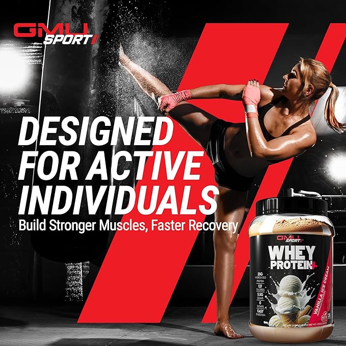 GMU SPORT Whey Protein Powder+ Concentrate 2lb | 25g Protein for Muscle Growth &amp Recovery | Delicious Flavor Easy to Mix | Non-GMO Gluten-Free |28 Servings Vanilla Protein Supplement
