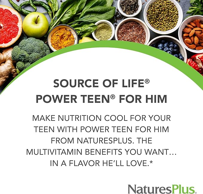 NaturesPlus Power Teen for Him - 60 Chewable Tablets Wild Berry - High-Potency Teenage Multivitamin - Sugar Free Vegetarian Gluten Free - 30 Servings