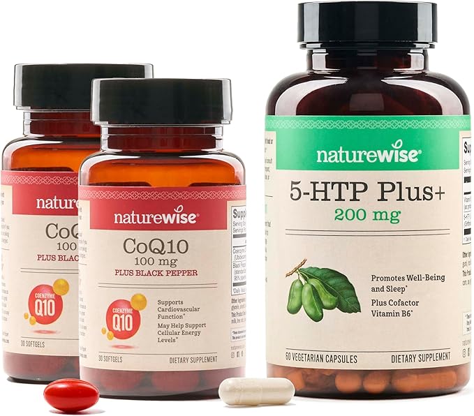 NatureWise (Pack of 2) CoQ10 100mg + Black Pepper High Absorption - 30 Softgels[30-Day Supply] + [1] 5-HTP 200mg + Vitamin B6 - Non-GMO Vegan - 60 Capsules[60-Day Supply]