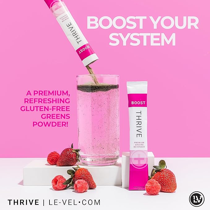 Le-Vel Thrive Boost – Premium Gluten-Free Greens Powder with pH Balancing Blend Probiotics Enzymes Fruits Vegetables and Super Green Grasses – 30 Berry-Flavored Packets