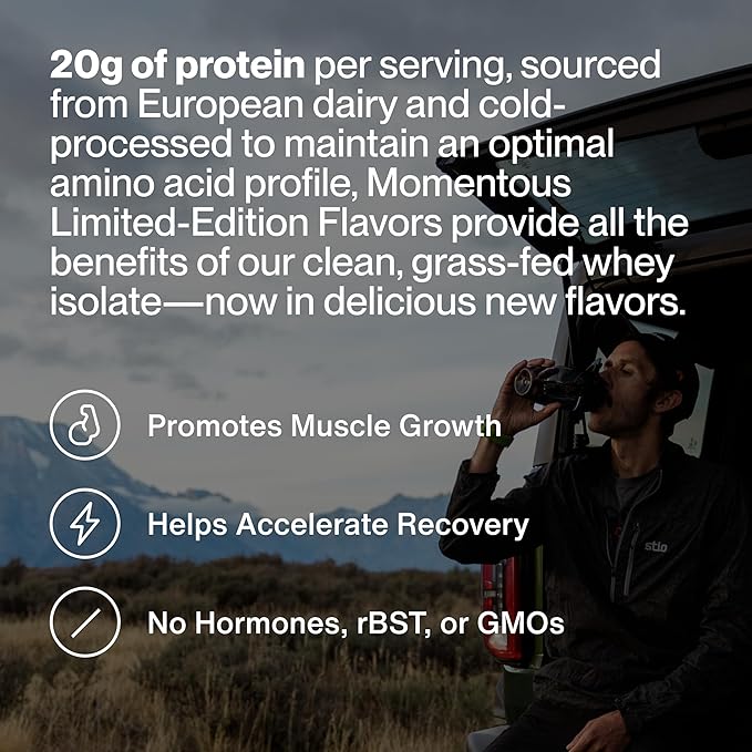 Momentous Essential Grass-Fed Whey Protein Powder - 20 g Whey Isolate Protein - NSF Certified for Sport - Gluten-Free - 12 Servings for Essential Everyday Use - Spiced Chai - Package May Vary