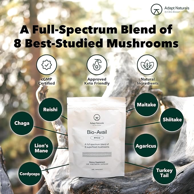 Adapt Naturals Bio-Avail Myco - 8-in-1 Bioavailable Mushroom Supplement Mushroom Complex - Chaga Cordyceps Reishi Lions Mane - Blood Pressure Memory Immune - 120 Capsules