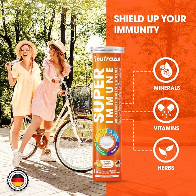 nutrazul Super Immune 30 Effervescent Tablets 20 Vitamins &amp Minerals Herbal Extracts to Support Daily Routine Vitamin C Zinc Elderberry &amp Echinacea Gluten-Free Sugar-Free Orange Flavor
