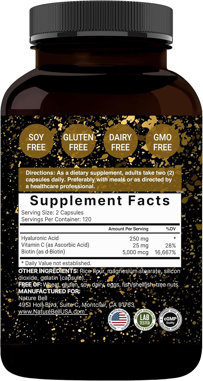 NatureBell 2 Pack Plant Based Hyaluronic Acid Supplements 250mg with 25mg Vitamin C &amp Biotin 5000mcg 480 Total Capsules | Essential for Hair Growth Joint Support &amp Hydrating Skin | Non-GMO