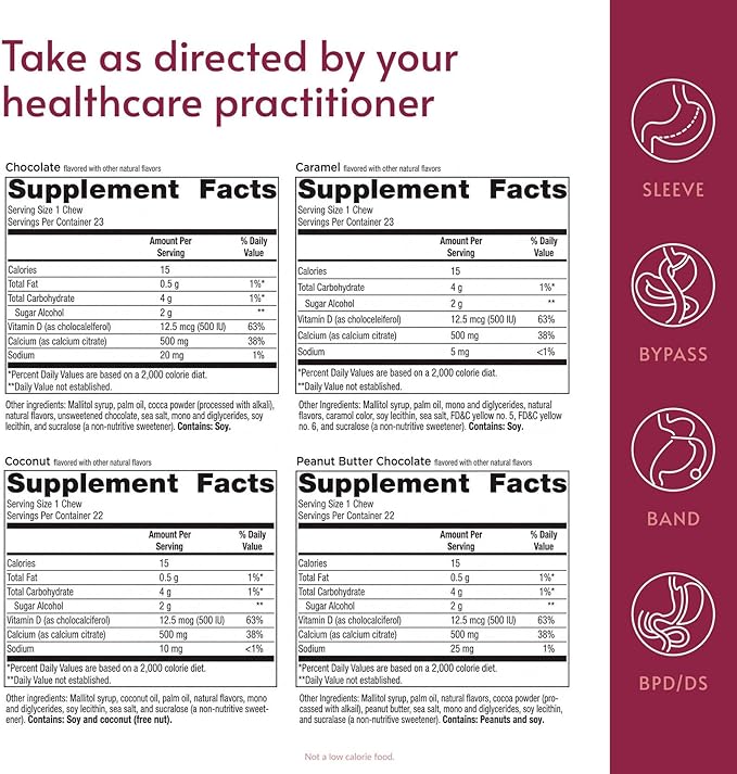 Bariatric Advantage Calcium Citrate Chewy Bites 500 mg - Highly Absorbable &amp Digestible - Vitamin D3 - Easily Chewable Calcium Supplement - Assorted Sweet Flavor - 90 Count