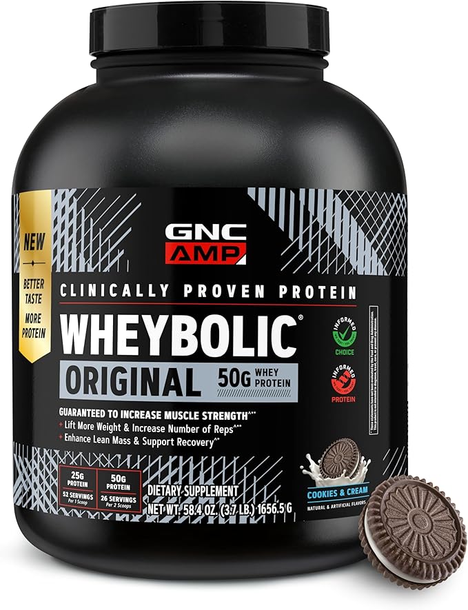 GNC AMP Wheybolic Clinically Proven Protein Powder 50g Whey Protein BCAA Leucine Increases Muscle Strength Muscle Building 3rd Party Tested Gluten Free Cookies &amp Cream 26 Servings