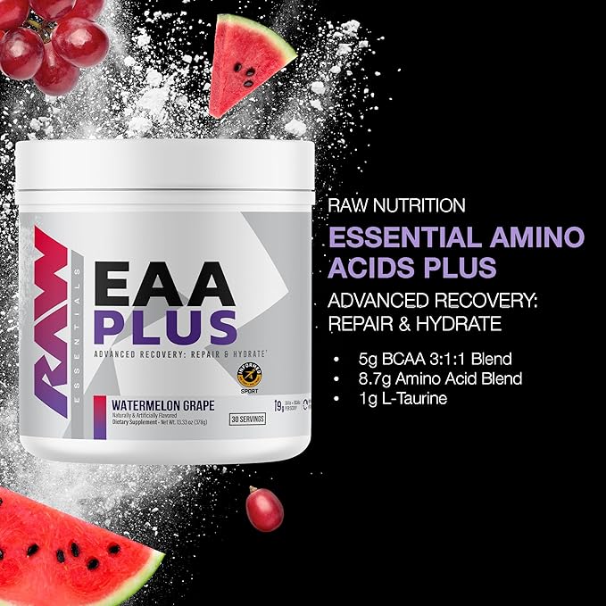 RAW EAA Plus Amino Acids Powder Watermelon Grape (30 Servings) - Pre Workout Amino Energy Powder for Advanced Endurance Recovery &amp Lean Muscle Growth - BCAA Amino Acids Supplement for Men &amp