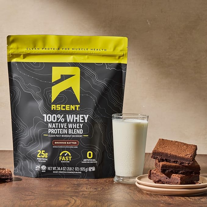 Ascent 100% Whey Protein Powder - Post Workout Whey Protein Isolate Zero Artificial Flavors &amp Sweeteners Gluten Free 5.5g BCAA 2.6g Leucine Essential Amino Acids Brownie Batter 1.7 lb