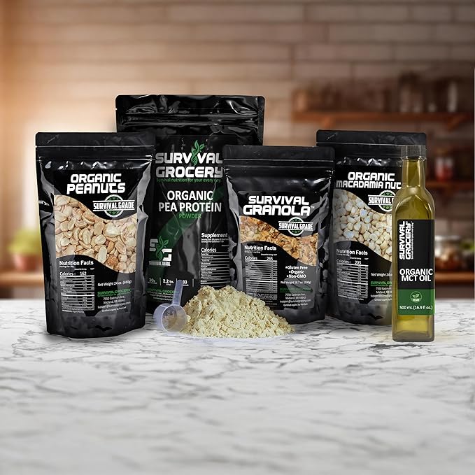 Survival Grocery® Organic Pea Protein - Organic Non-GMO North American Grown &amp Produced Gluten Free Vegan Survival Grade Protective Bulk Bags with Long Shelf Life (15 lbs./3 Bags)
