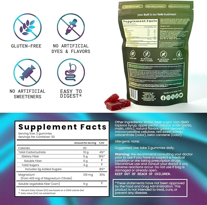 Fiber Extra Strength Gummies with Magnesium Citrate – Extra Strength Gut &amp Digestive Support – Mixed Berry Flavor – Daily Wellness Supplement – 60 Gummies (2)