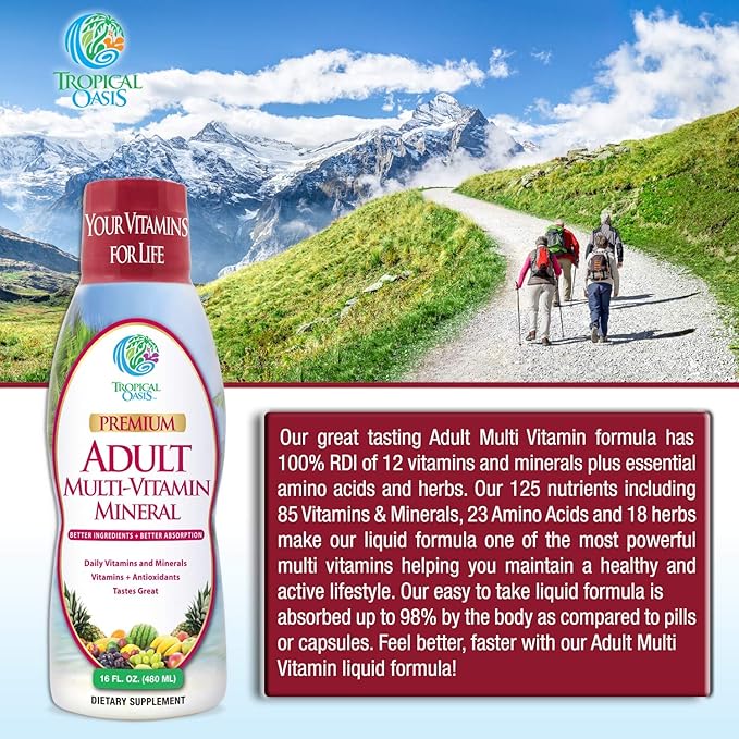 Tropical Oasis Adult Liquid Multivitamin -Liquid Multi-Vitamin and Mineral Supplement with 125 Total Nutrients Including 85 Vitamins &amp Minerals 23 Amino Acids and 18 Herbs - 16 fl oz 32 serv