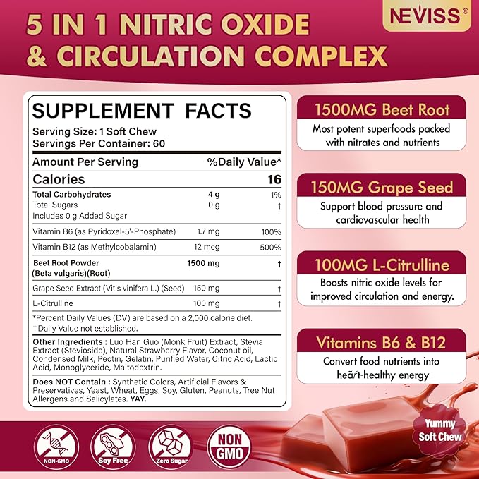 NEVISS Beet Héāŗt Chews 1500mg Nitric Oxide and Blood Préssũre Support 5 in 1 Beets Supplements w/Grape Seed L-Citrulline Vitamin B6 &amp B12 for Energy &amp Circulation Support 60 Chews Sugar