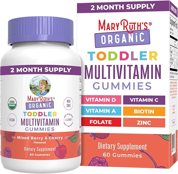 MaryRuth's Organic Toddler Multivitamin Gummies | Ages 4+ | Vitamin A C D E B6 B12 Biotin Iodine Zinc | Immunity | Bone &amp Teeth Health | Skin &amp Vision Support | Vegan | Gluten Free | 6