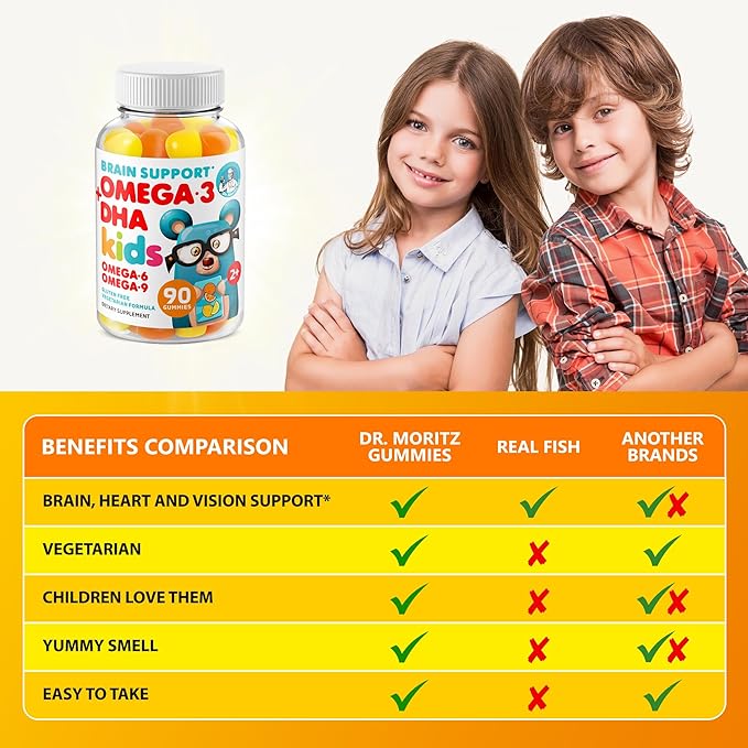 DR. MORITZ Omega 3 Kids Gummies (180 Count) Vegan Omega3 Gummies for Kids with No Fish Oil Vitamins for Brain &amp Heart Health Gluten-Free Omega 3 6 9