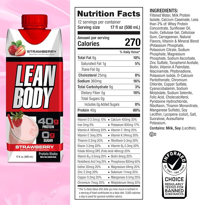 Labrada Lean Body Ready-to-Drink Strawberry Protein Shake 40g Protein Whey Blend 0 Sugar Gluten Free 22 Vitamins &amp Minerals 17 Ounce (Recyclable Carton &amp Lid - Pack of 12) LABRADA