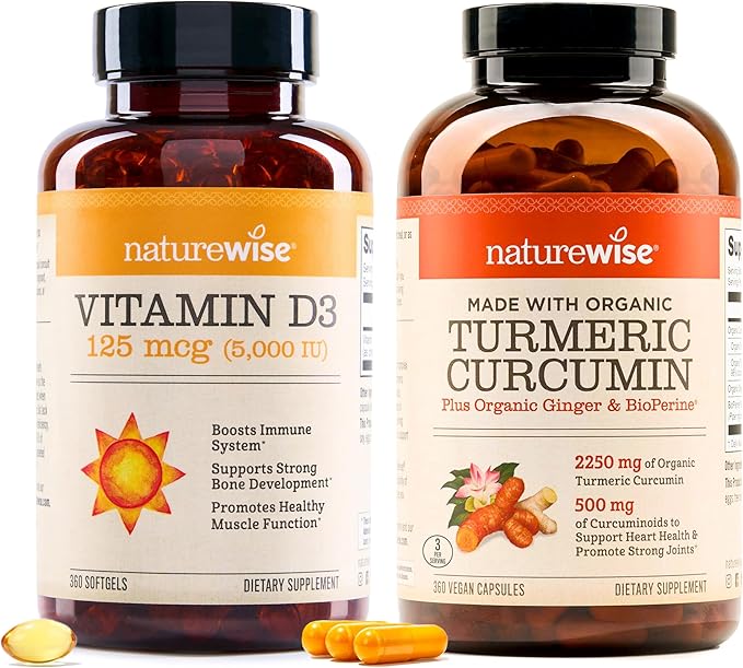 NatureWise Vitamin D3 5000IU (125mg) 360 Count + Curcumin Turmeric 2250mg w/Black Pepper 95% Curcuminoids Capsules 360-Count - Bundle for Immune &amp Joint Health - Gluten-Free Non-GMO