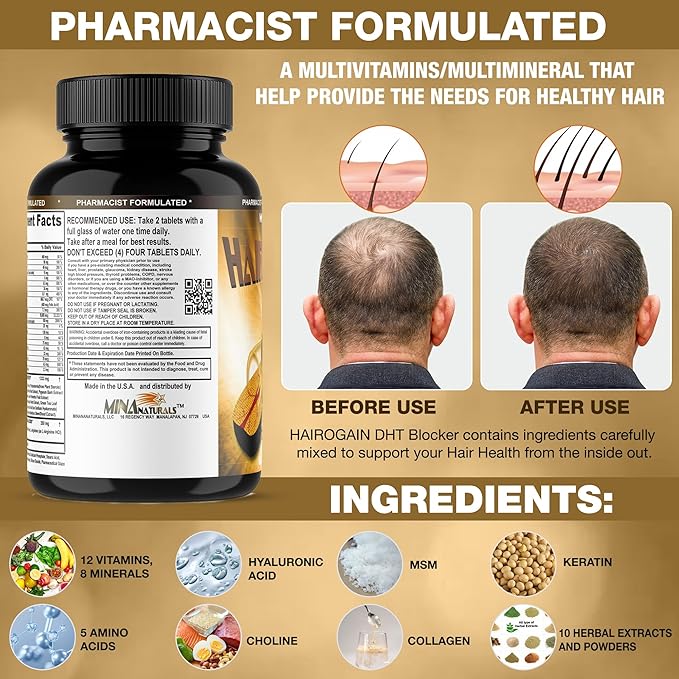 HAIROGAIN DHT Blocker. Support Hair Growth. 10000 mcg Biotin Collagen &amp Hair Vitamins Added. Help Decrease Hair Loss and Baldness. 60 Tablets