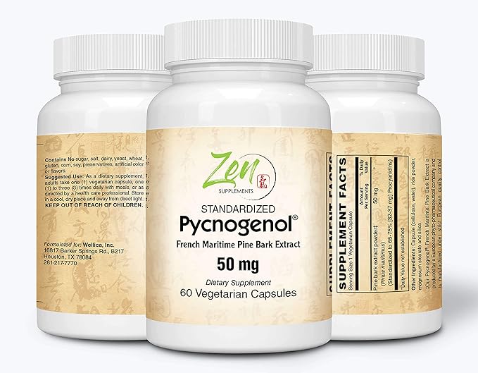 Zen Supplements Pycnogenol 50mg - Standardized French Maritime Pine Bark Extract for Antioxidant &amp Inflammation Support - Non-GMO Gluten &amp Soy Free 60-Vegcaps