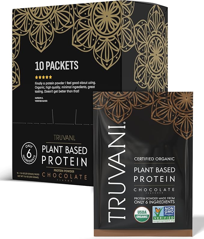 Truvani Vegan Pea Protein Powder | Chocolate | 20g Organic Plant Based Protein | Single Serving Travel Packets | 10 Servings | Keto | Gluten &amp Dairy Free | Low Carb | No Added Sugar