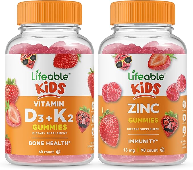 Lifeable Vitamin D3 + Vitamin K2 Kids + Zinc Kids Gummies Bundle - Great Tasting Vitamin Supplement Gluten Free GMO Free Chewable Gummy