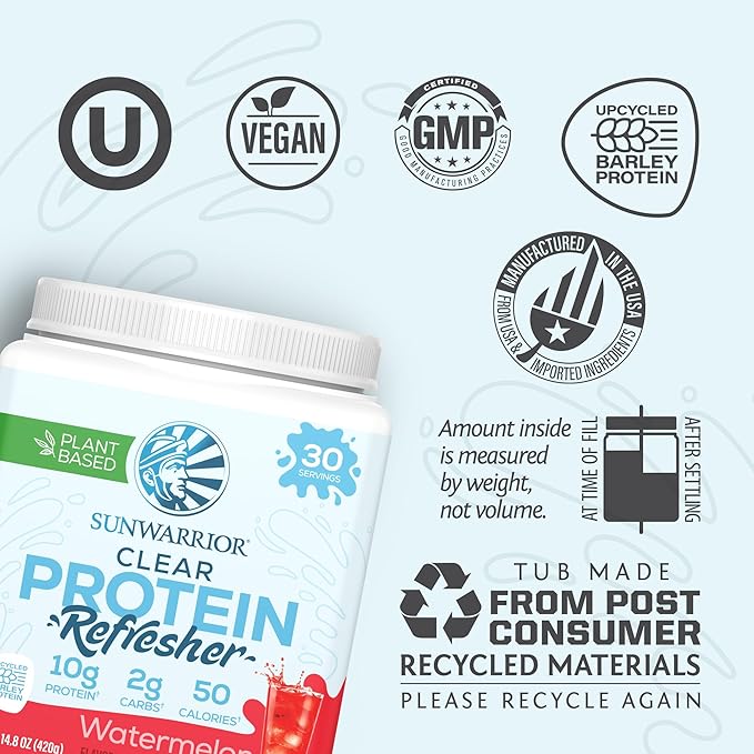 Sunwarrior Clear Protein Powder Plant-Based Water Mix Vegan and Refreshing Protein and Hydration Supplement 10g Per Serving Watermelon Flavored 420g Tub 30 Servings
