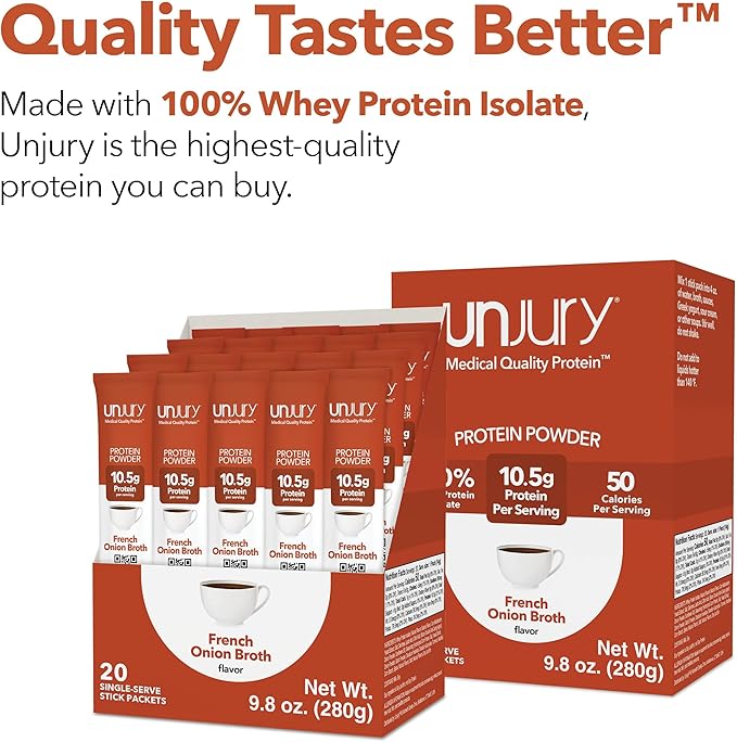 Unjury Whey Protein Powder Individual Stick Packs | French Onion | 10.5g 100% Whey Isolate Protein Powder | Low Carb and Lactose Free | Gluten Free | Certified Kosher | 20 Servings