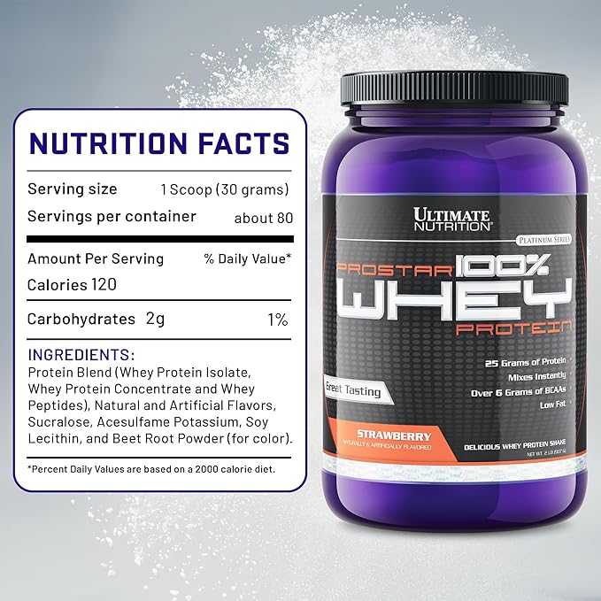 Ultimate Nutrition Prostar Whey Protein Powder Isolate Strawberry - Low Carb High Protein Powder Shake for Muscle Gain &amp Recovery - Low Sodium Low-Fat &amp Keto Friendly - 2 lbs Tub